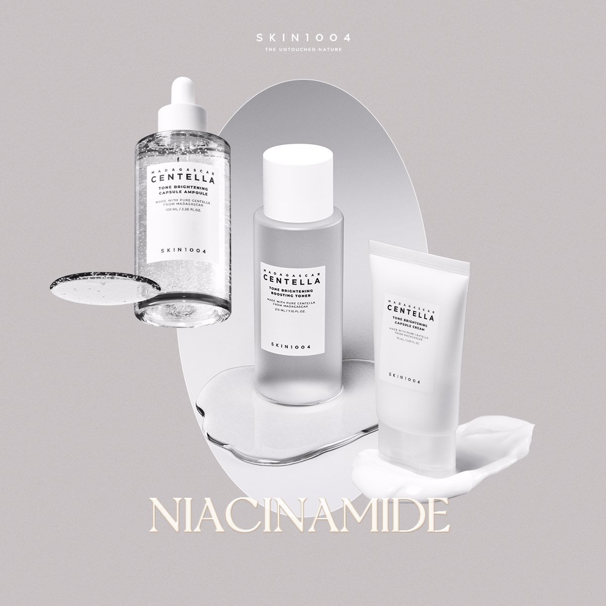 Centella asiática de Madagascar amplificada con contenido de madecassoside y combinada con un alto contenido de niacinamida para aumentar el brillo.