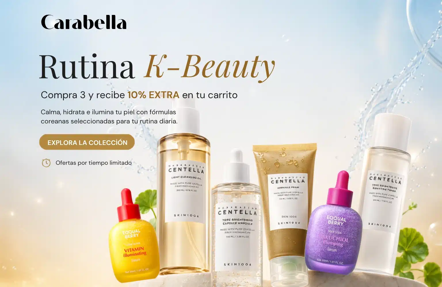 Productos coreanos para el cuidado de la piel sensible y mixta, con centella asiática, sérum coreano y rutina hidratante Carabella.