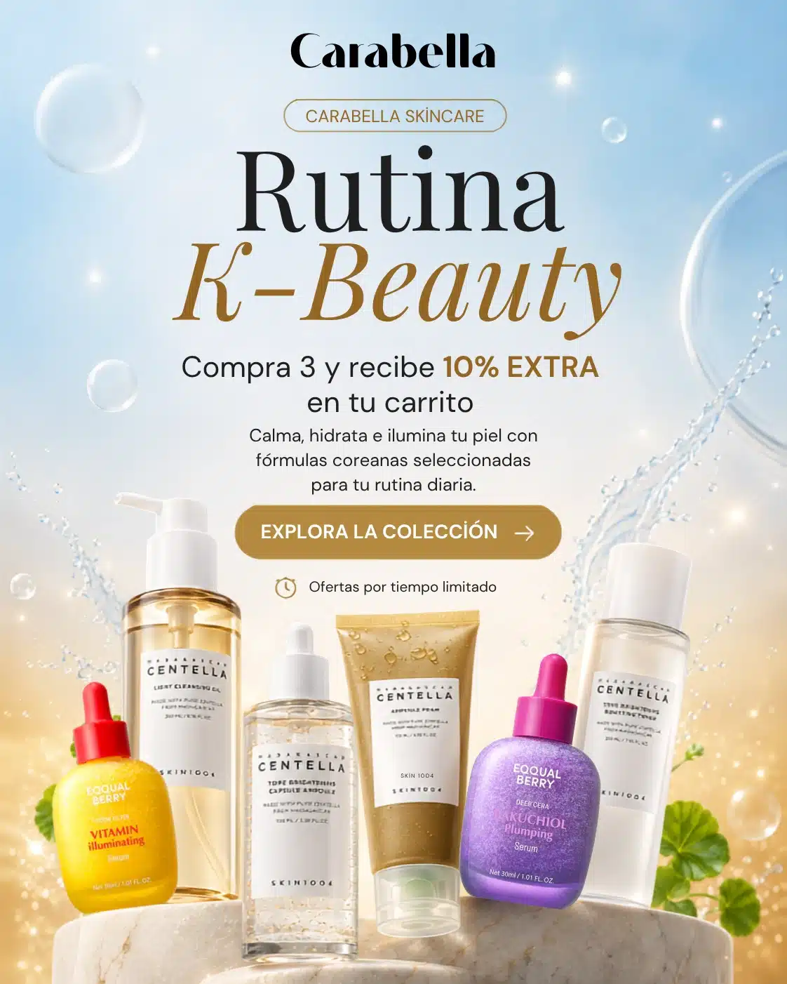 Skincare coreano para rutina K-Beauty en México, con sérum, limpiador y tónico para una piel hidratada, luminosa y suave.